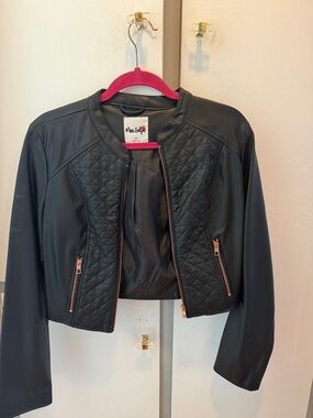 Miss Selfridge Black Quilted Faux Leather Cropped Jacket with Rose Gold Zips
